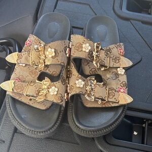 Embellished Tan Monogram Slide Sandals - Gold Hardware